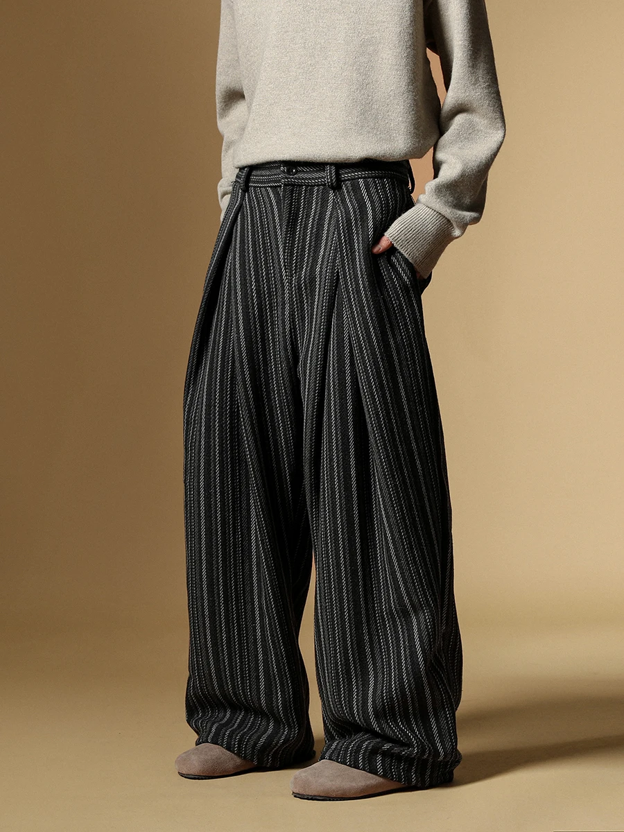 

BOYUE Men's Casual Wide Leg Pants Vintage Pleated Stripe Tweed Commute Comfortable Youth Faion Winter Season Trousers