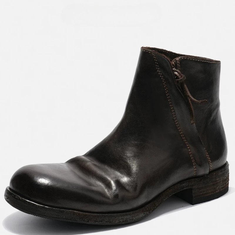 Hand-sewn Chelsea Boots Shoes for Male Washed Horse Leather High Top Boots Breathable British Retro Side Zipper Horse Skin Boots