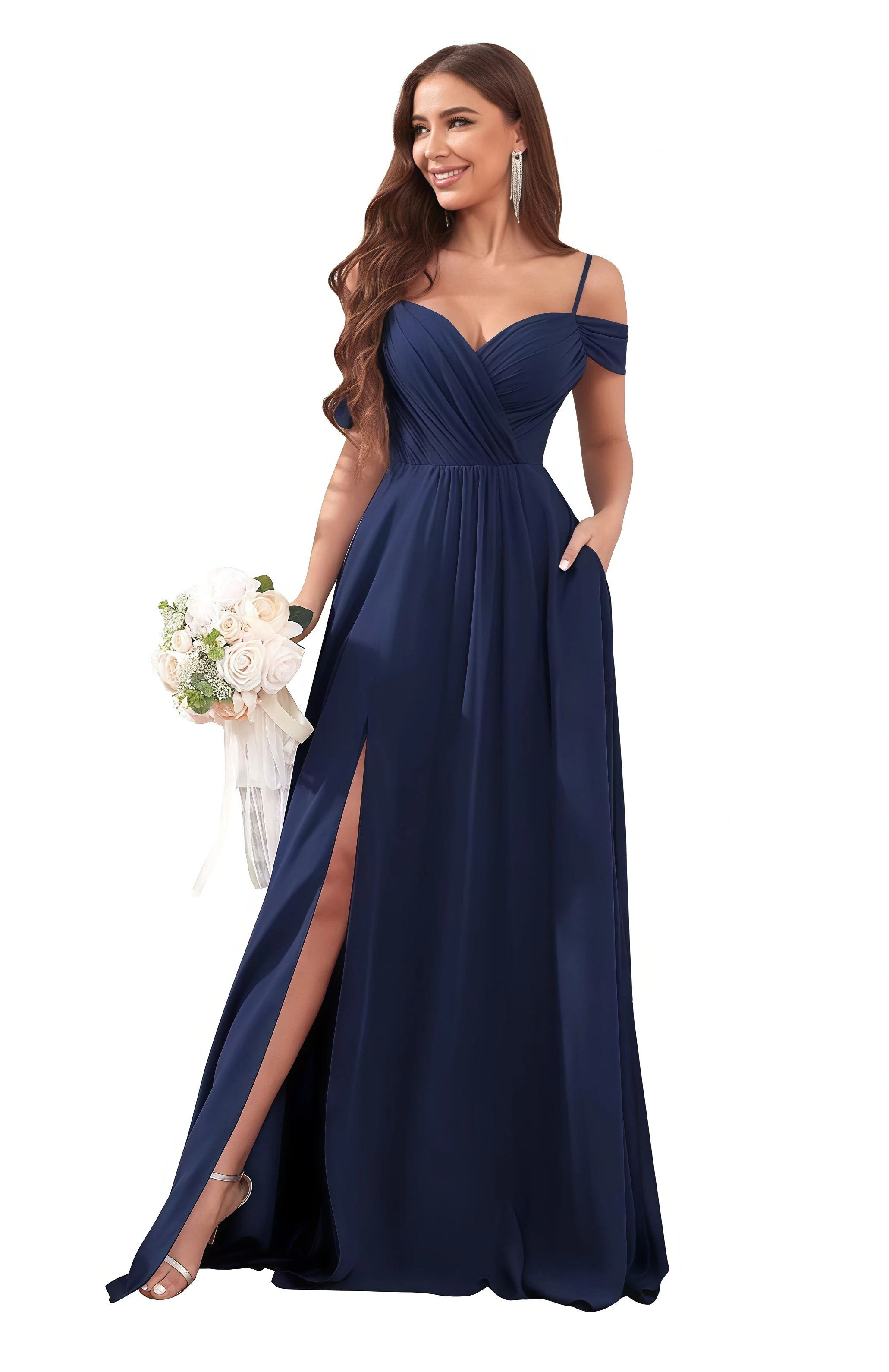 

Off The Shoulder Bridesmaid Dresses for Women with Pockets Split Long Chiffon Formal Evening Dresses
