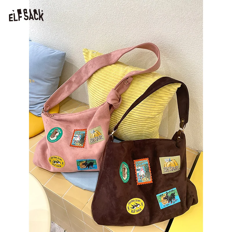 ELFSACK 2025 Autumn New Arrival Cute Casual Animal Stamp Embroidery Shoulder Suede Tote Bag For Woman