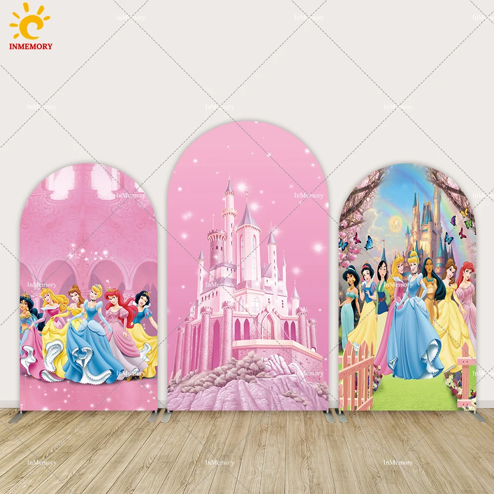 Disney Princess Birthday Arch Wall Backdrop Pink Castle Aurora Cinderella Snow White Baby Shower Party Arch Cover Background