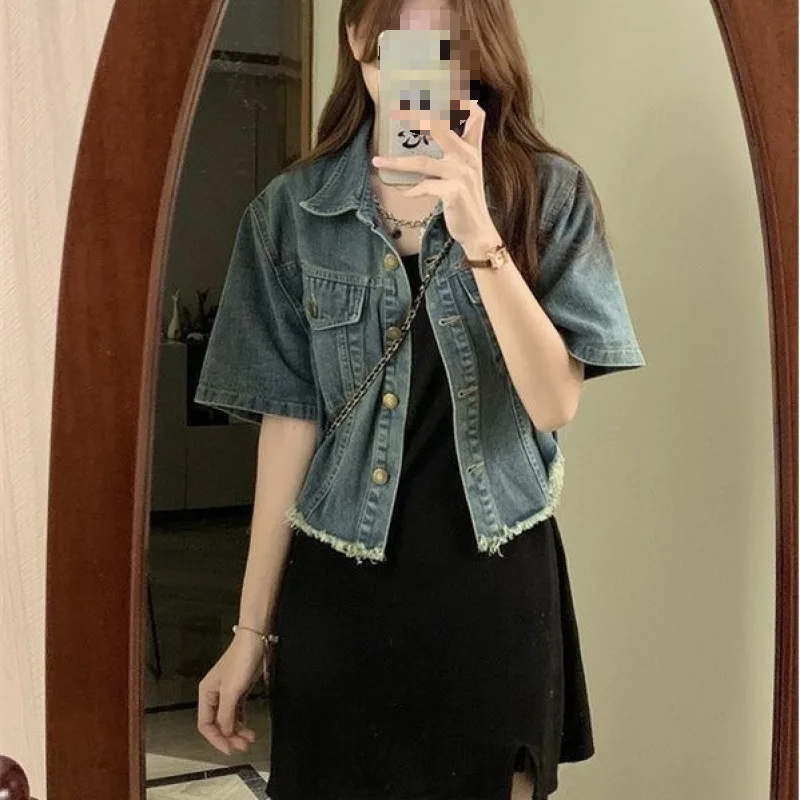 

Denim Coats Woman Long Womens Autumn Down Notched Button-Down Professional Beaded High-End Sashes Subcultural Functional Jackets