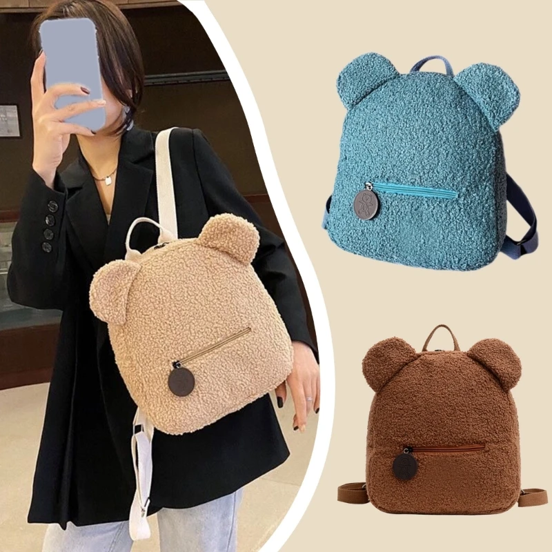 Mochila feminina lã sherpa E74B, bolsa pelúcia fofa, mochila viagem infantil, mochila peluda