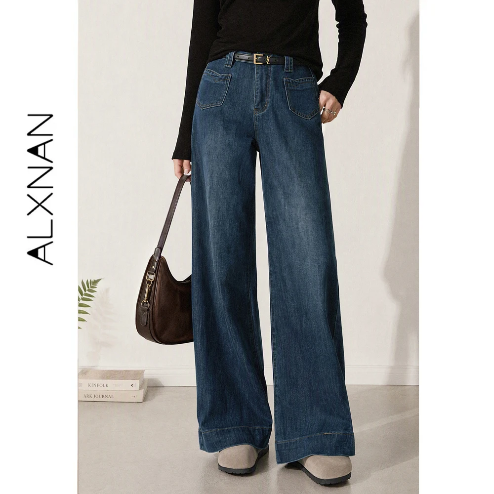 ALXNAN Plus Size Blue Straight Leg Jeans Women Autumn Fashion Vintage Elegant Wide-leg Pants Casual Female Baggy Pants D576103