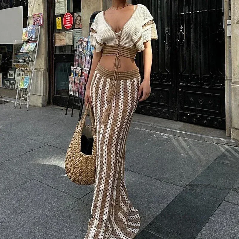 Striped Knitted Two Piece Set Women Outfit Elegant Clubwear Party Hollow Out V-neck Crop Top and Long Skirt Maxi Dress Sets