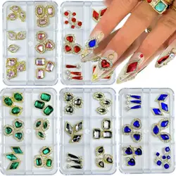1Box Multiple Style Colorful Glass Diamond Nail Crystal Charms 3D Alloy Square Heart Droplet Nail Art Accessories DIY Manicure