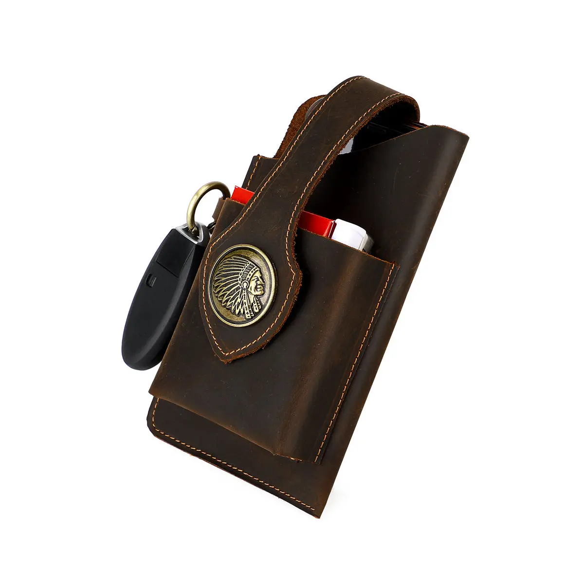 Vintage Top Layer Leather Multi-Functional Pouch for Men Cigarette Case & Lighter Holder Navajo Style Phone Key Organizer Pouch