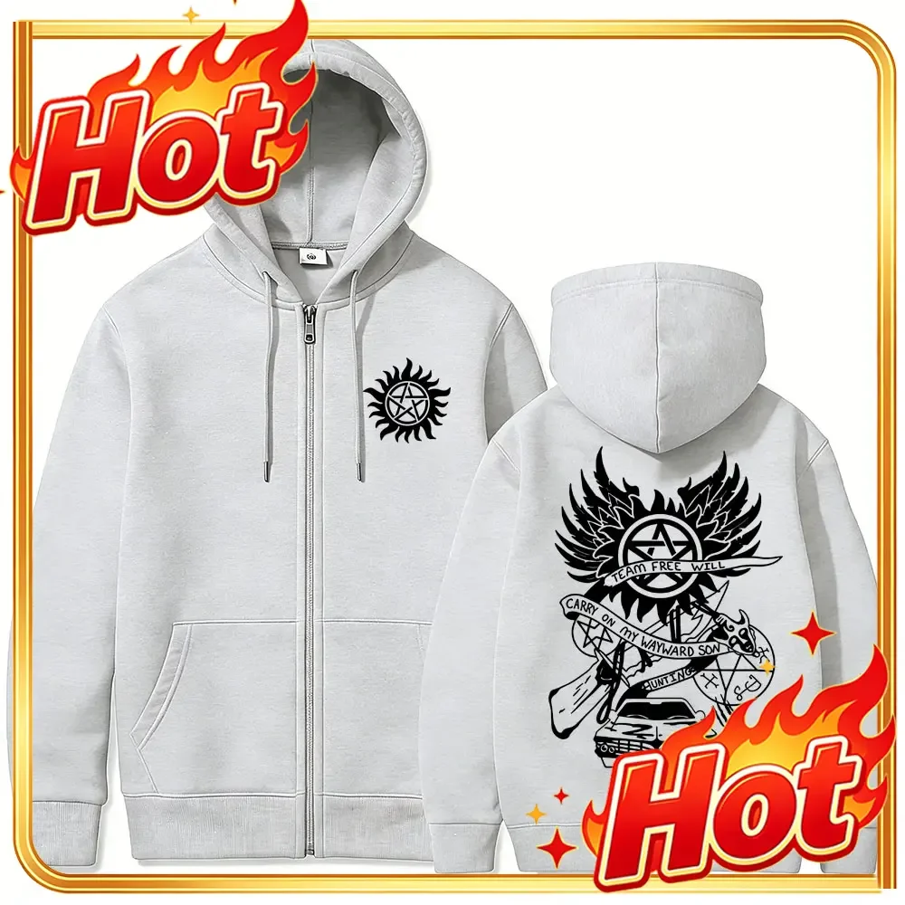 Supernatural Merch Zipper Hoodie Men Women Gothic Rock Oversized Zip Up Jacket Male Casual Retro Fleece Cotton Zip Up Sweatshirt