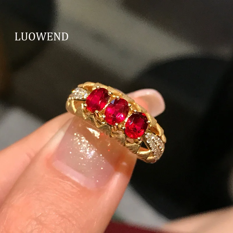 

Кольца LUOWEND из 100% желтого золота 18 карат, винтажное кольцо в стиле скелета с блестящими бриллиантами и натуральным рубином для женщин, ювелирные изделия с высоким драгоценным камнем