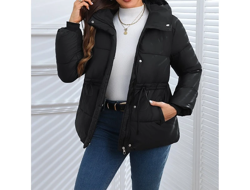 2025 Autumn and Winter Plus Size Women's Hooded Waist Cinched Drawstring Cotton Jacket