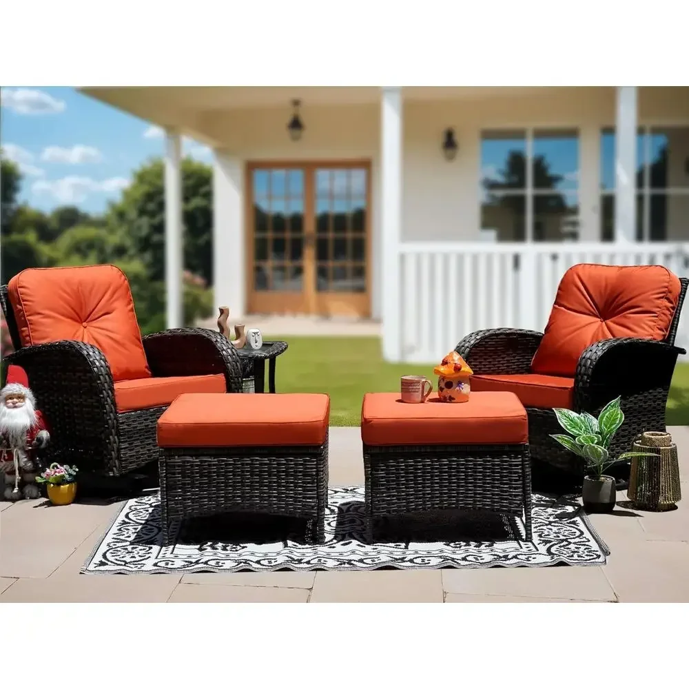 5-Piece Outdoor Wicker Patio Furniture Set with Swivel Glider Chairs and Ottomans, Ideal for Red Decks, Balconies, and Backyards