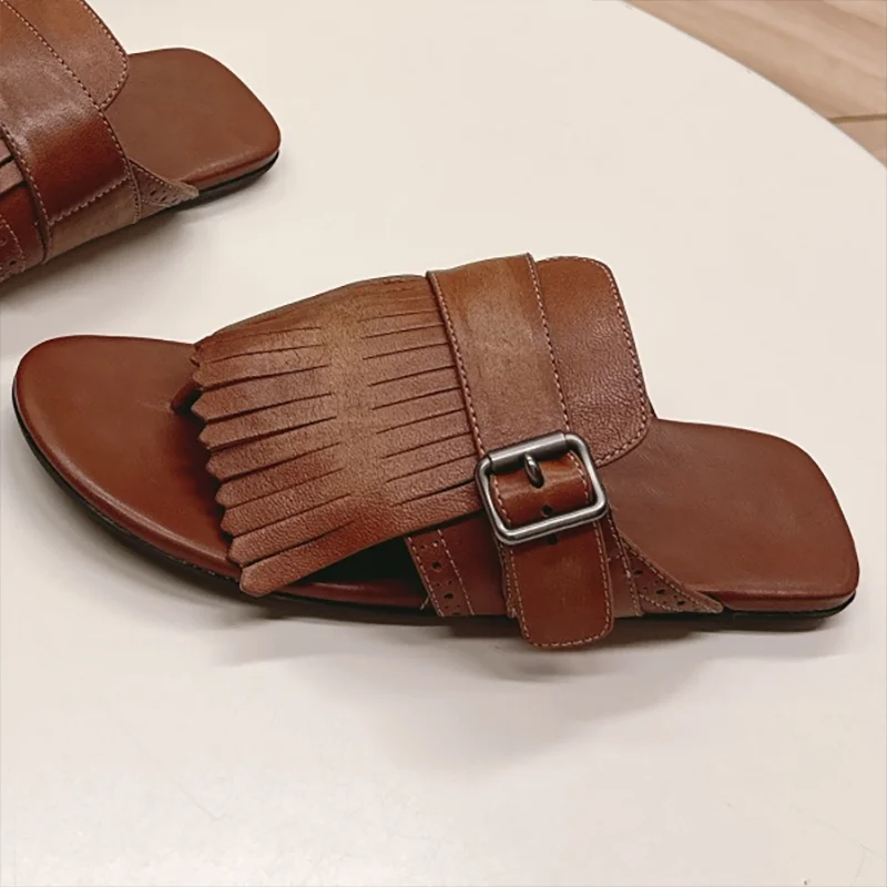 

Высококачественные летние модные новые женские шлепанцы в стиле ретро с бахромой, двухцветная вощеная ткань из воловьей кожи 25111138