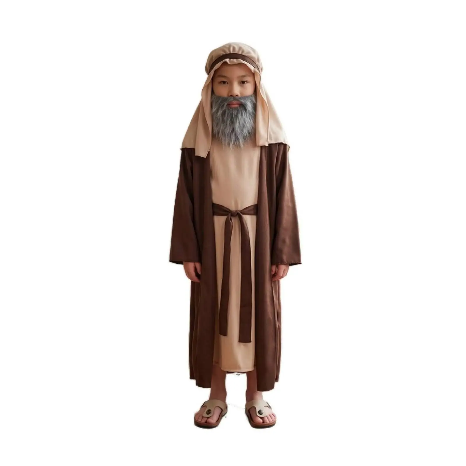 Adult Sized Men Costume Brown Beige Robe with Beard for Nativity Display Church Event or Costume Party