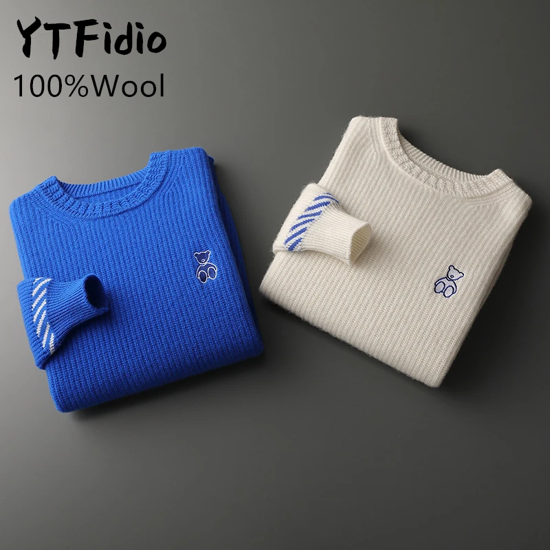 YTFidio 100%Wool Man Winter Sweater O-Neck Casual Jumpers Warm Solid With a Small Bear thickening Knitwear Pullover Tops 129