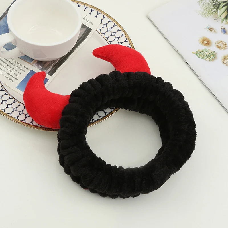 Plush Headband Women Girls Cute Red Horns Soft Elastic Hairband Wash Face Sport Velvet Hair Band Party Bandana Hair Accessories