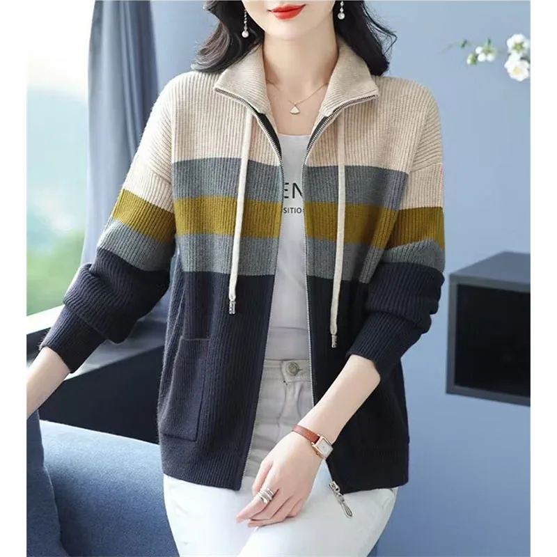 

Stand-Neck Sweater Cardigan Female 2025 Spring Autumn Winter New Coat Color Matching Jacket Women Slim Casual Knitwear Tops Tide