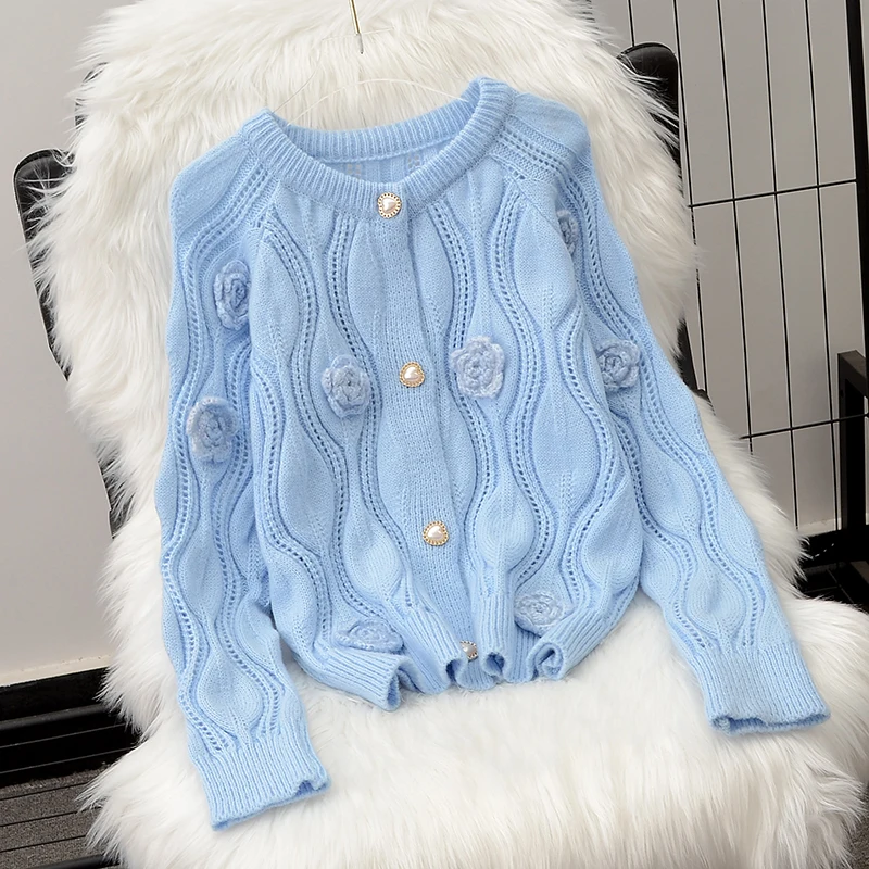 

Women's Sweater O-Neck Long Sleeve Single-Breasted Flower Knitted Cardigan Autumn Gentle Female Knitwear Outerwear