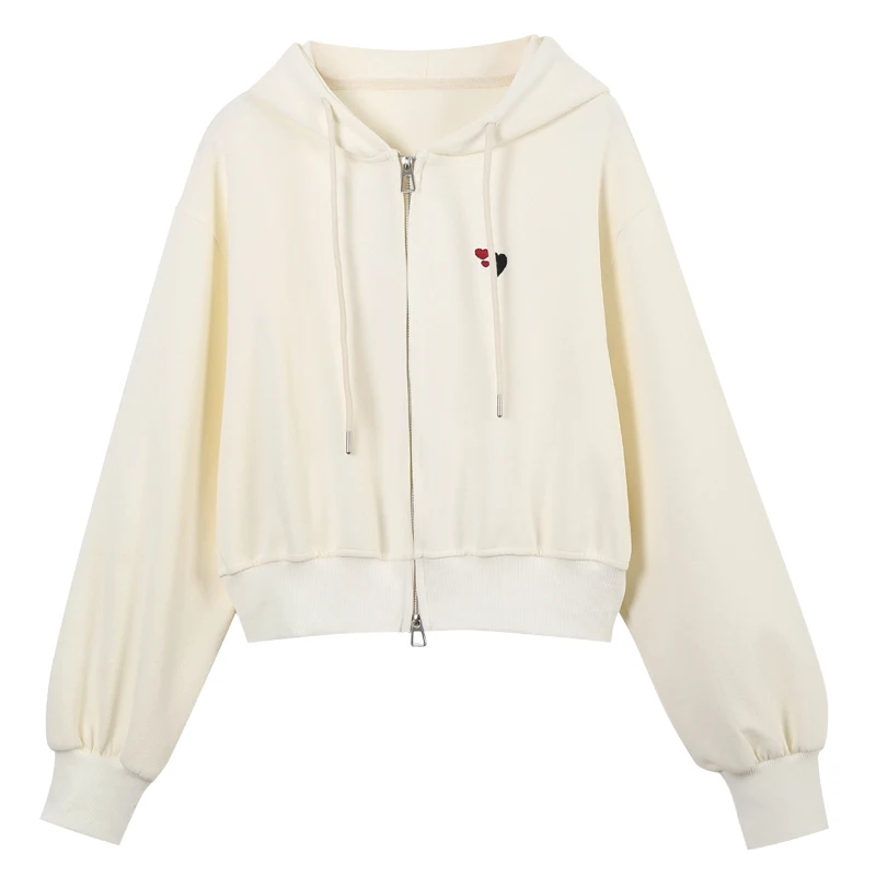 

Double Zipper Heart Printed Sweatshirt 2024 New Spring Women's Chic Drawstring Short Jacket Casual Versatile Sports Jogging Coat