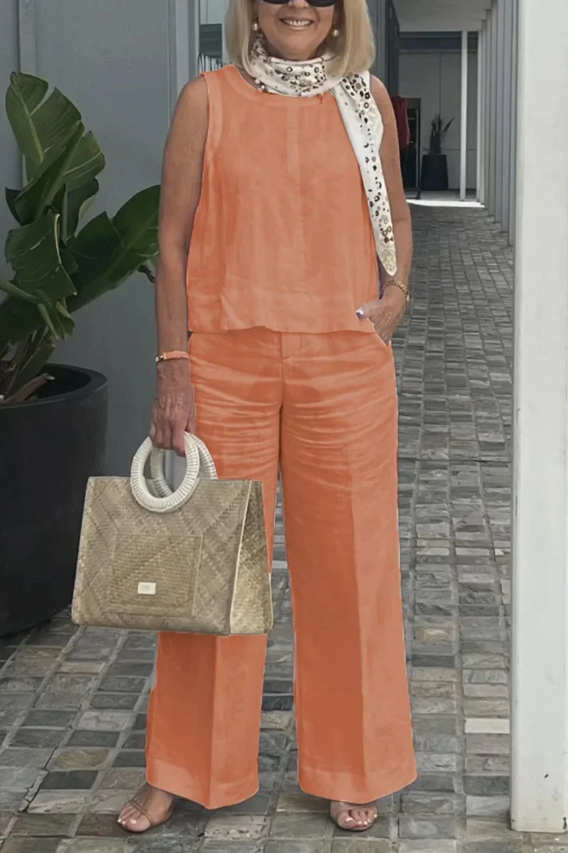 Conjunto de pantalón largo sin mangas para mujer, Camiseta holgada y elegante de 2 piezas, Color liso, verano, 2024