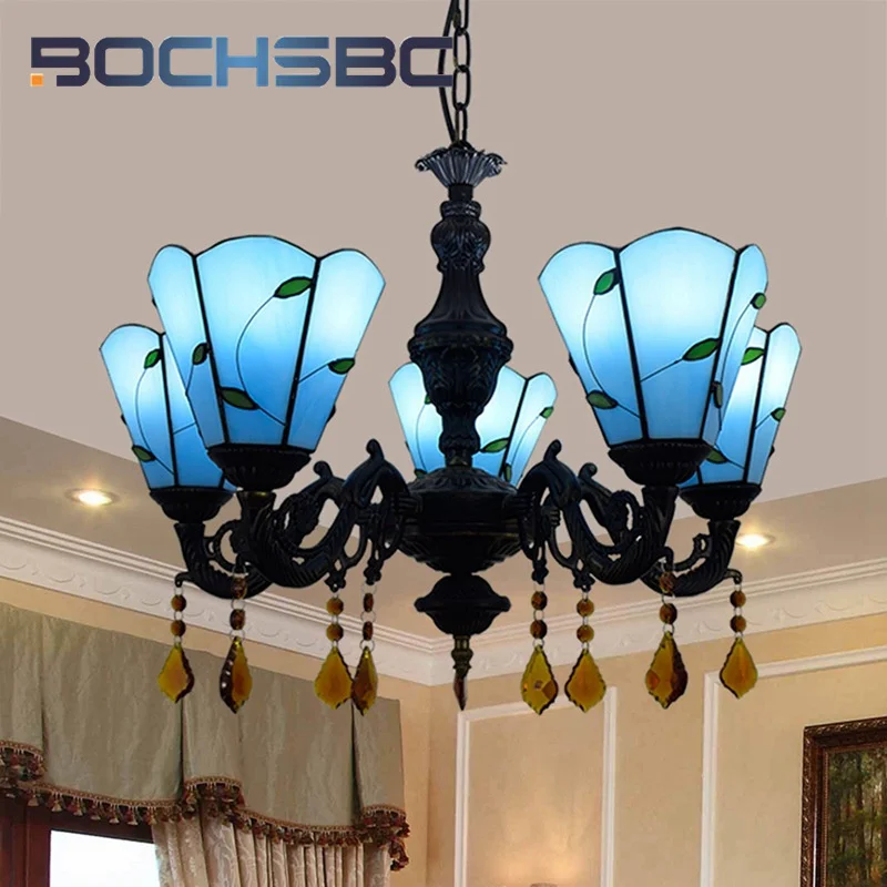 BOCHSBC Tiffany style stained glass simple blue Mediterranean 5 crystalPendant lamp living room dining room bedroom LED decor