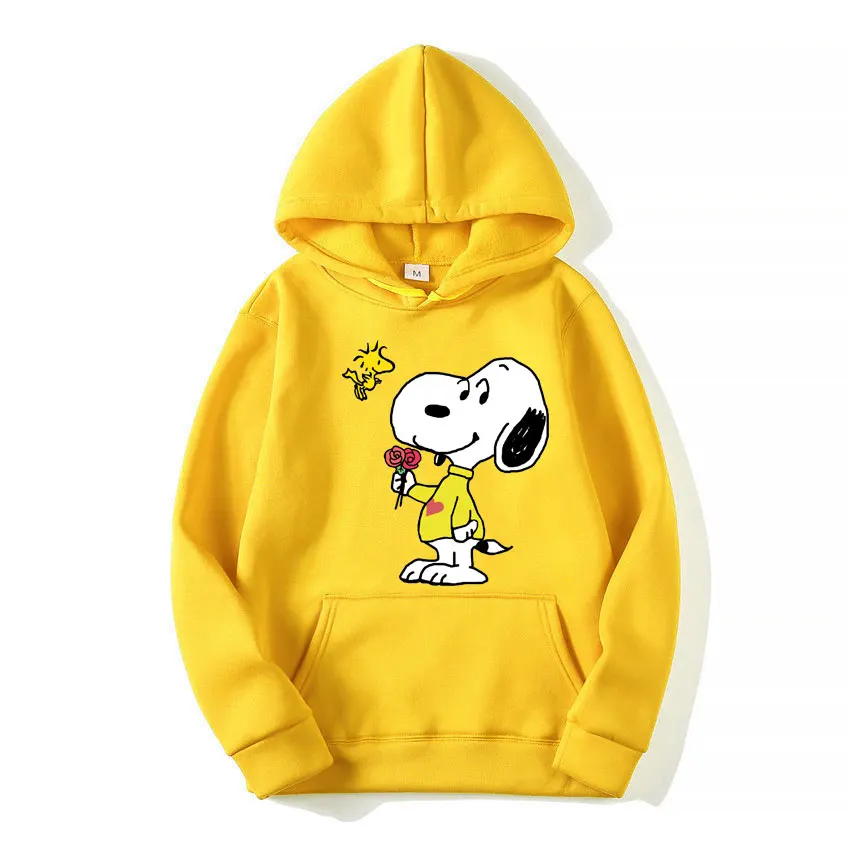 Snoopy Cartoon Anime Women Pullover Tops Spring Autumn Men Oversized Hoodie 2024 New Fashion Yellow Couple Sweatshirt Clothes