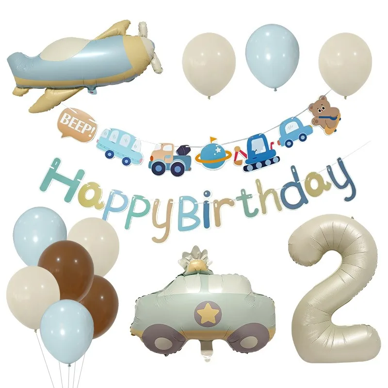 Matte airplane birthday balloon set pull flag scene layout 32 inch white digital baby shower