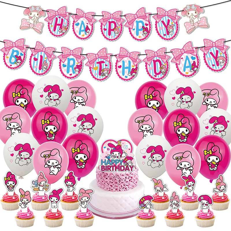 Hot Sanrio Melody Birthday Party set dinnerware Banner Cake Disposable Topper Hanging Flag Melody Balloons Birthday Decoration