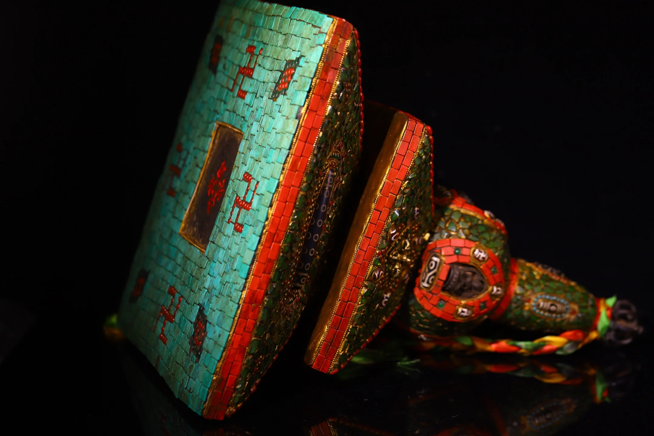 

18-дюймовые старинные бусины gZi из натурального метеоритного мозаичного камня, бирюзовые, с изображением Гаруды, Будды Шакьямуни, для храма/пагоды