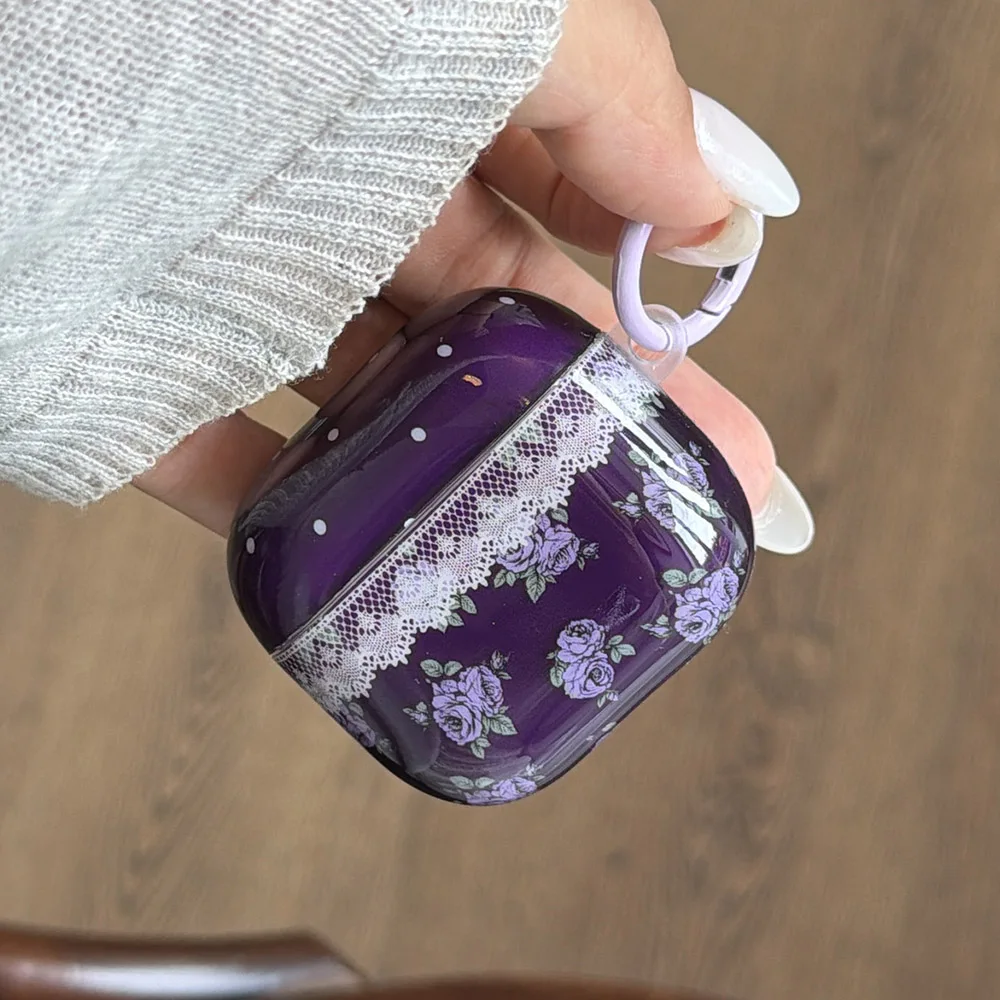 purple lace flower gloss soft protection cover case for apple airpods 1 2 3 4 pro2 pro3 bluetooth earphone charging box cover - view 5