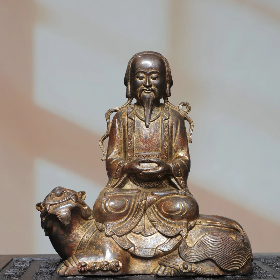 Old Bronze Gilded Cinnabar High Relief Taiyi Zhenren immortal Divine beast mount Sitting Buddha Worship Hall Town house