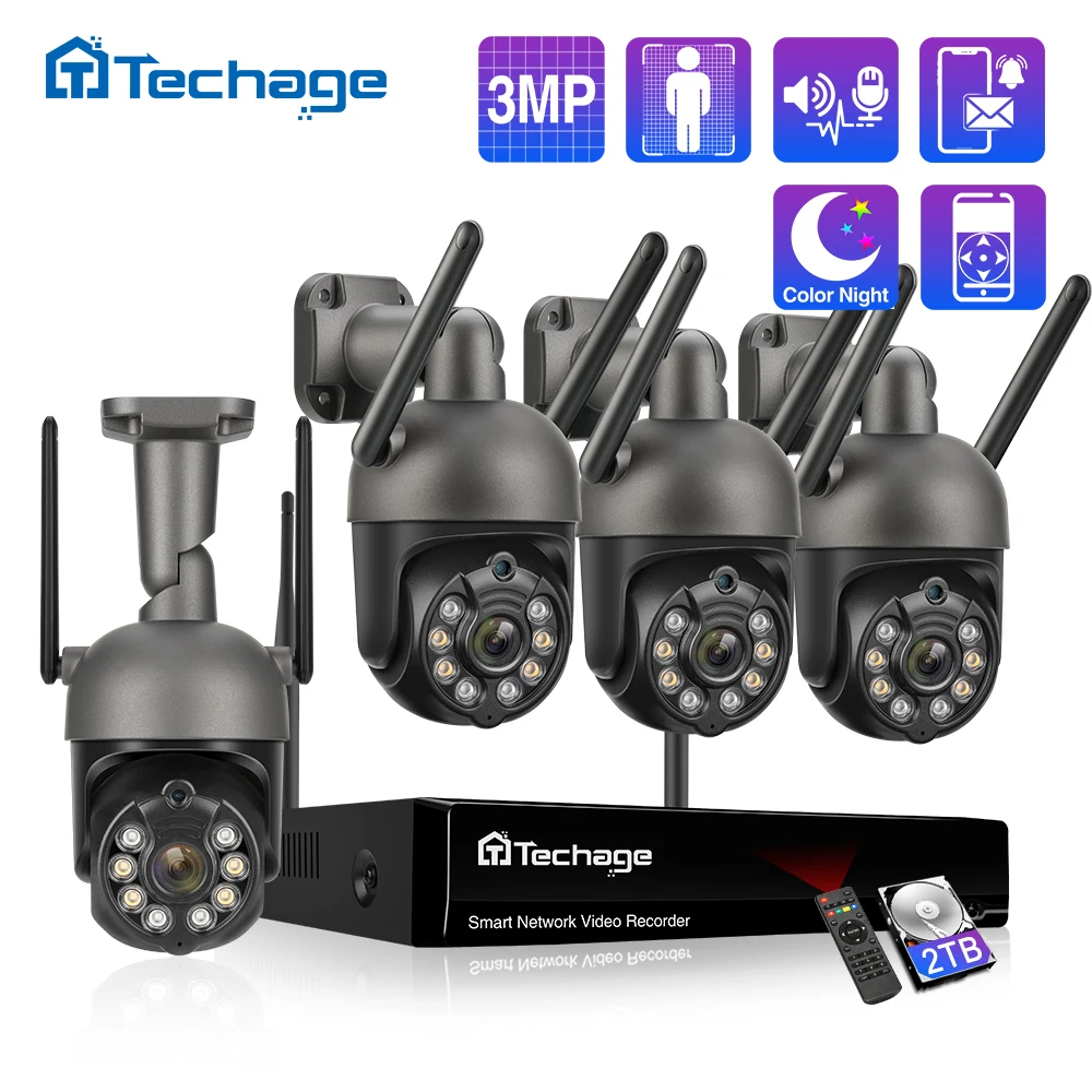 Techage H.265 10CH 3MP Wireless Video Security Camera System Outdoor Two Way Audio Wifi IP Camera P2P CCTV Surveillance NVR Kit