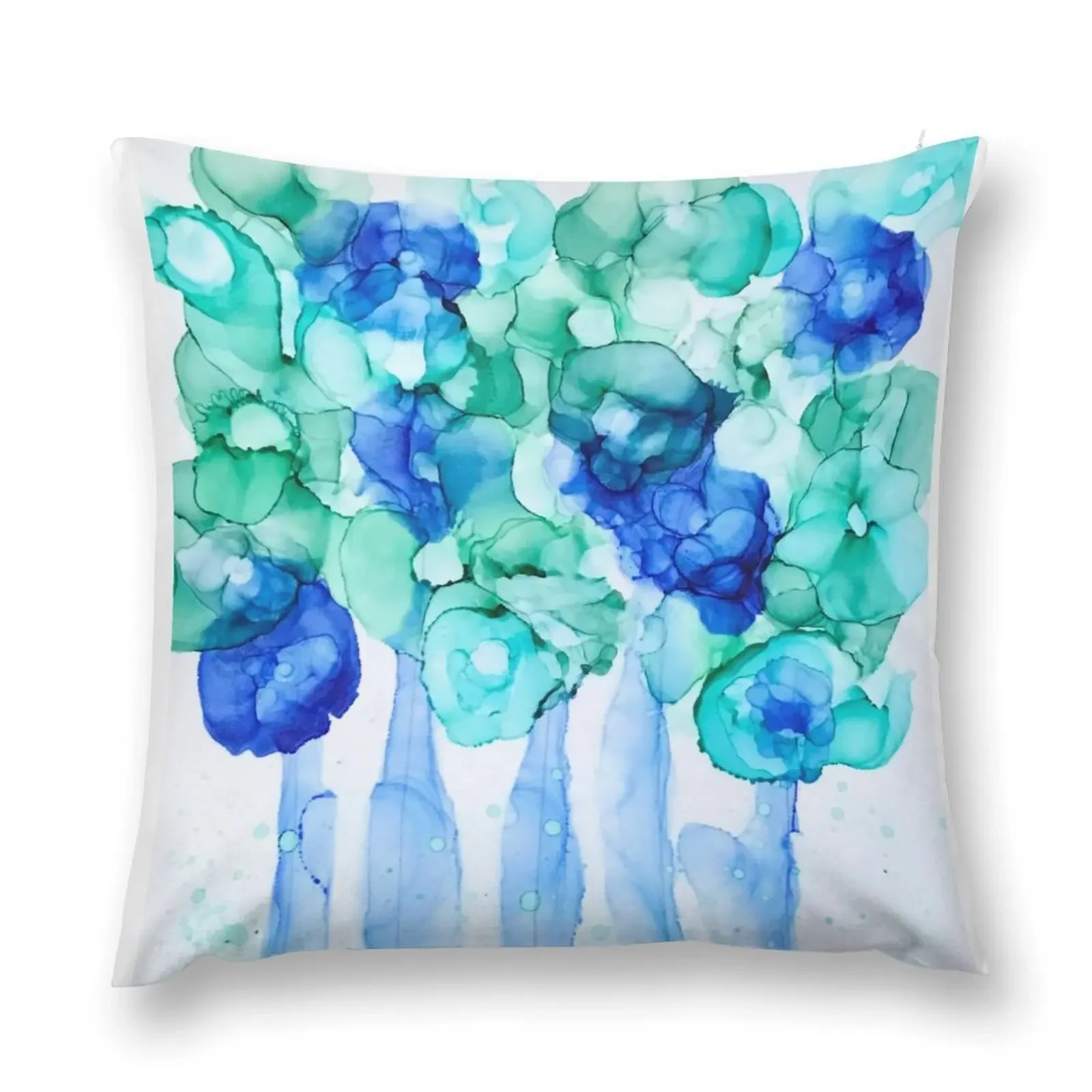 Pistachio Blue Floral Bouquet - Alcohol Ink Painting Throw Pillow luxury decor pillow