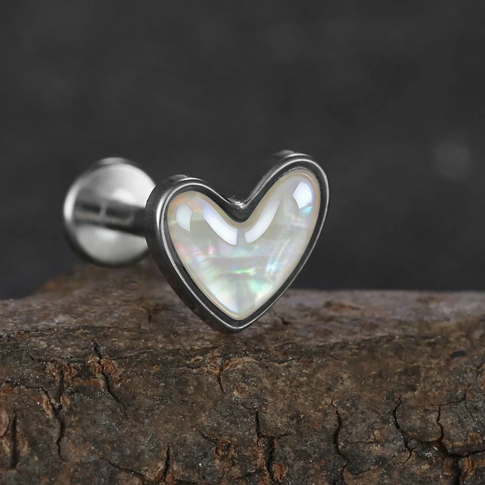 Titanium Shell Heart Flat Back Labret Piercing Studs, Body Jewelry