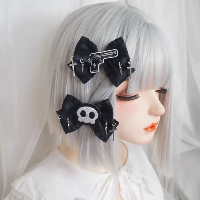 

1 pc Dark Gothic Style Punk Cross Skull Gun Black Bowknot Hair Grip Hair Accessories For Women Girl Hair Clip Party Gifts