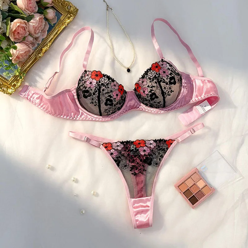 

Sexy Girl Fancy Underwear Pink Mesh Erotic Lingerie See Through Lingerie Ultra Thin Bra and Panty Set Daring Lingerie for Women