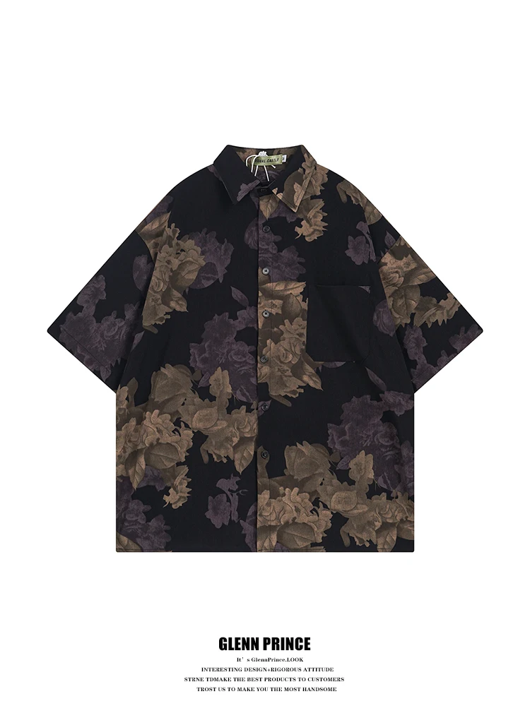 GPstudio Men's Casual Short Sleeve Floral Shirt Summer Beachside Loose Fit Polyester No Iron Treatment Printed Youth Trend