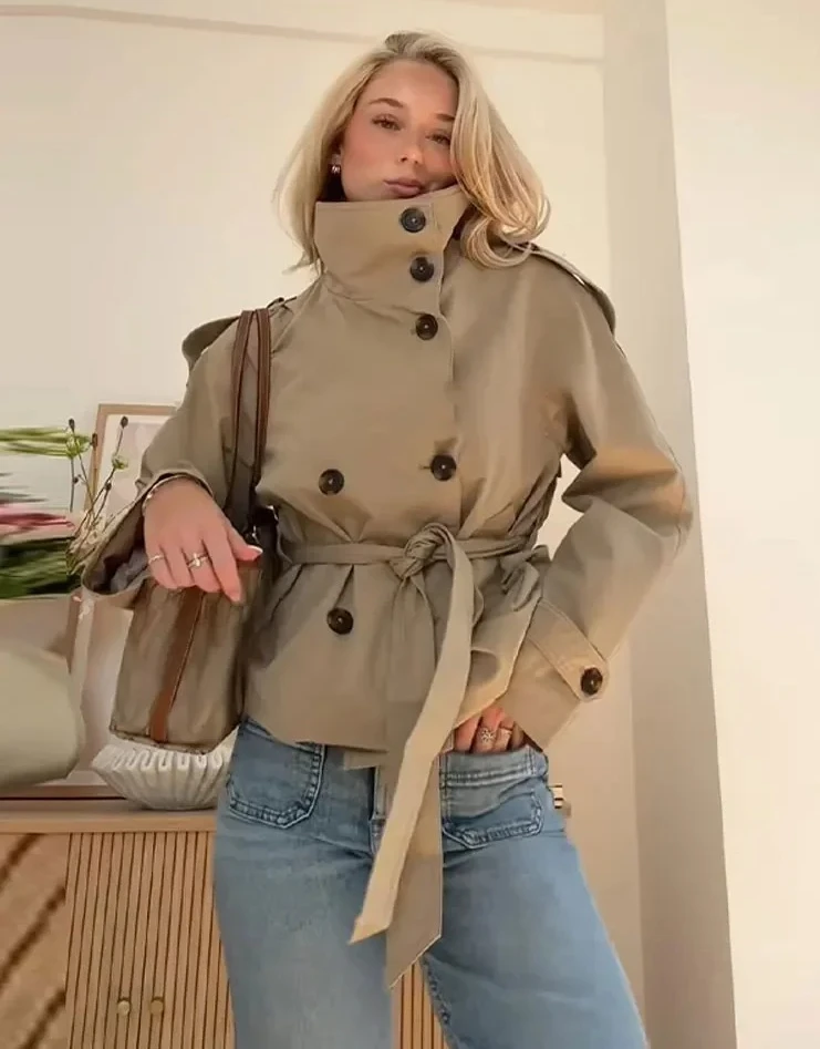 

Autumn Women's Belt Cropped Trench Coat Stand Collar Double Breasted Long Sleeve Khaki Jacket Fashion Lady Commute Outwear