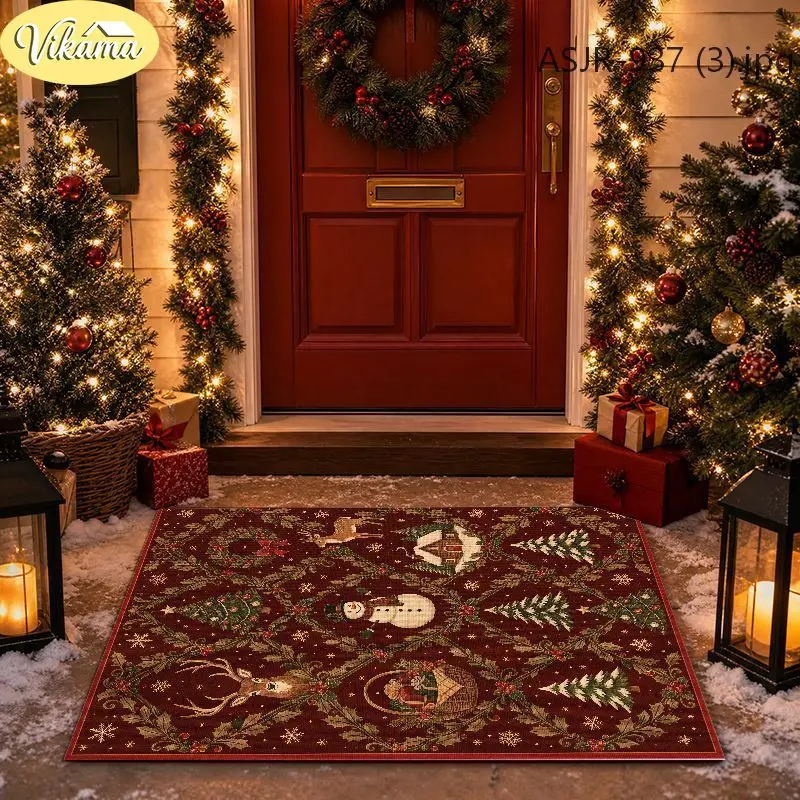 VIKAMA Christmas Burgundy Snowman Reindeer Diamond Rug Anti Slip Absorbent Floor Mat for Dining Room Living Room Holiday Decor