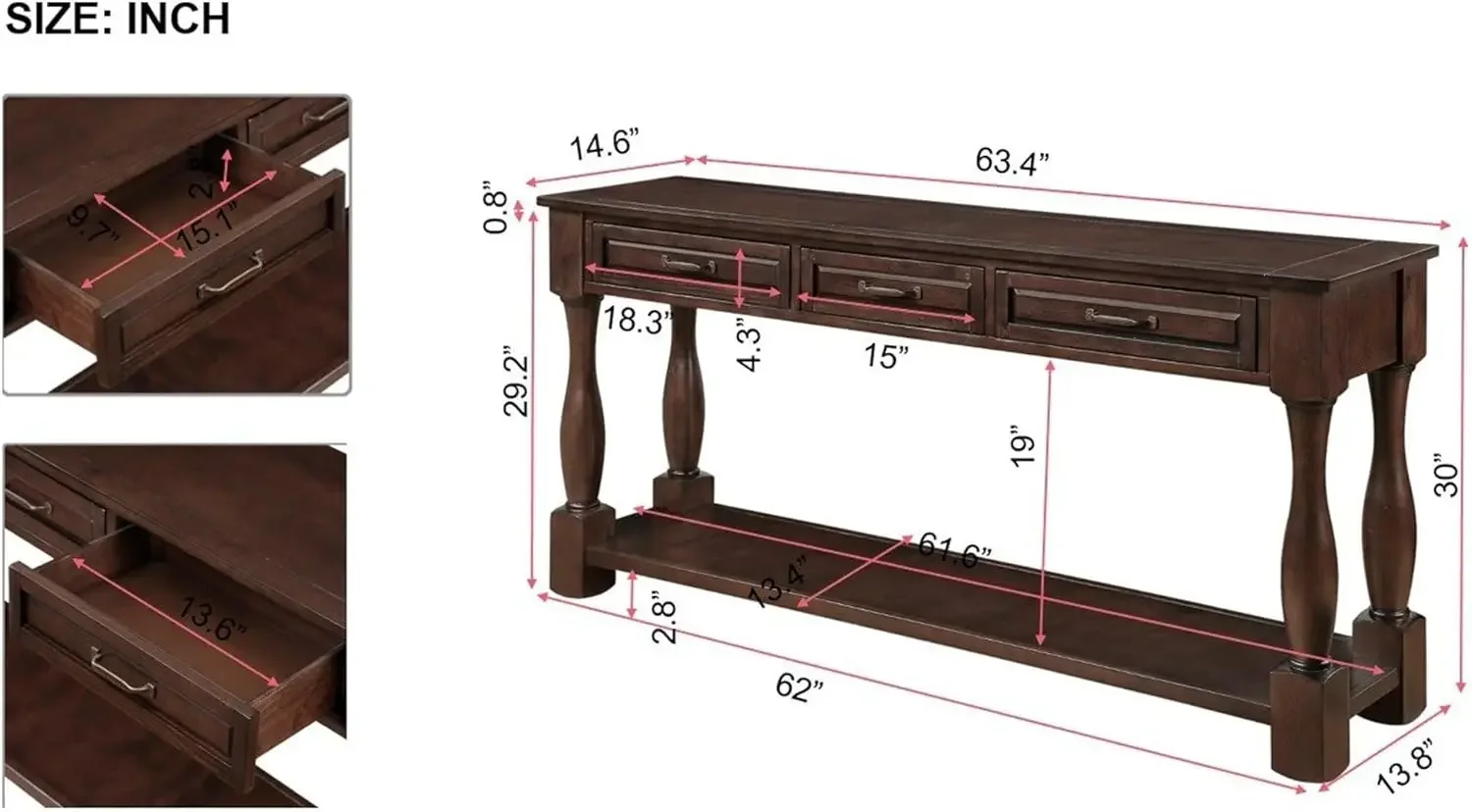 Meja konsol panjang kayu 63 inci, dengan 3 laci dan 1 rak bawah, meja Sofa ekstra tebal untuk pintu masuk lorong ruang tamu (lampu