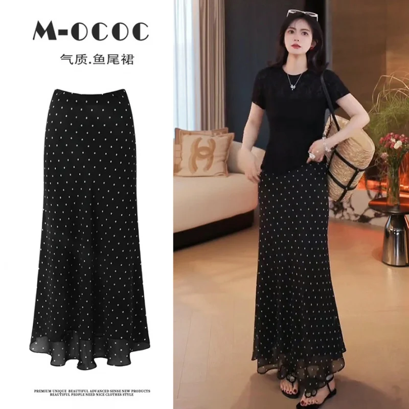 

Polka Dot Fishtail Skirt for Women2026New summer mid-length retro Hong Kong style high-waisted chiffon long skirt