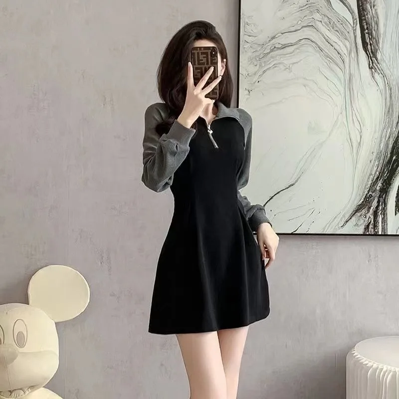 Korean Version Fallow Temperament Long Sleeve Female Autumn and Winter New Little Fellow Short Style Aging Western Style Dresses