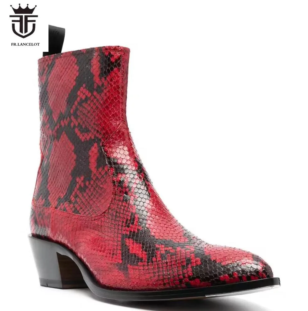 Brand New Men Snakeskin Print Leather Boots Point Toe Red Booties Mujer Botas Zip Wedding Dress Shoes Party Male Thick Heels