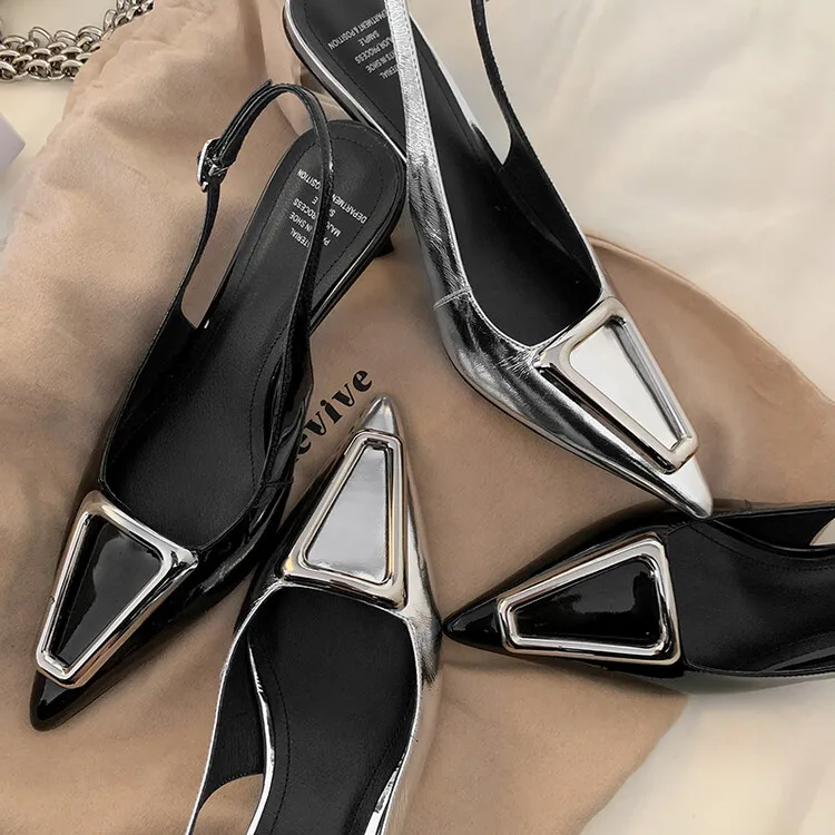 2024Silver Leather Women Slingback Pumps Metal Buckle Shallow High Heels Black Chic Office Lady Work Sandalias Femmes Zapatillas