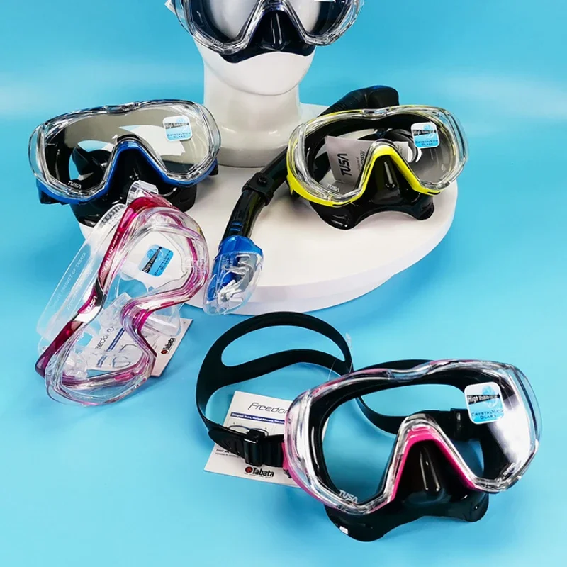 Diving goggles, scuba masks, snorkeling large field of view, side windows, glass lenses, professional deep diving glasses