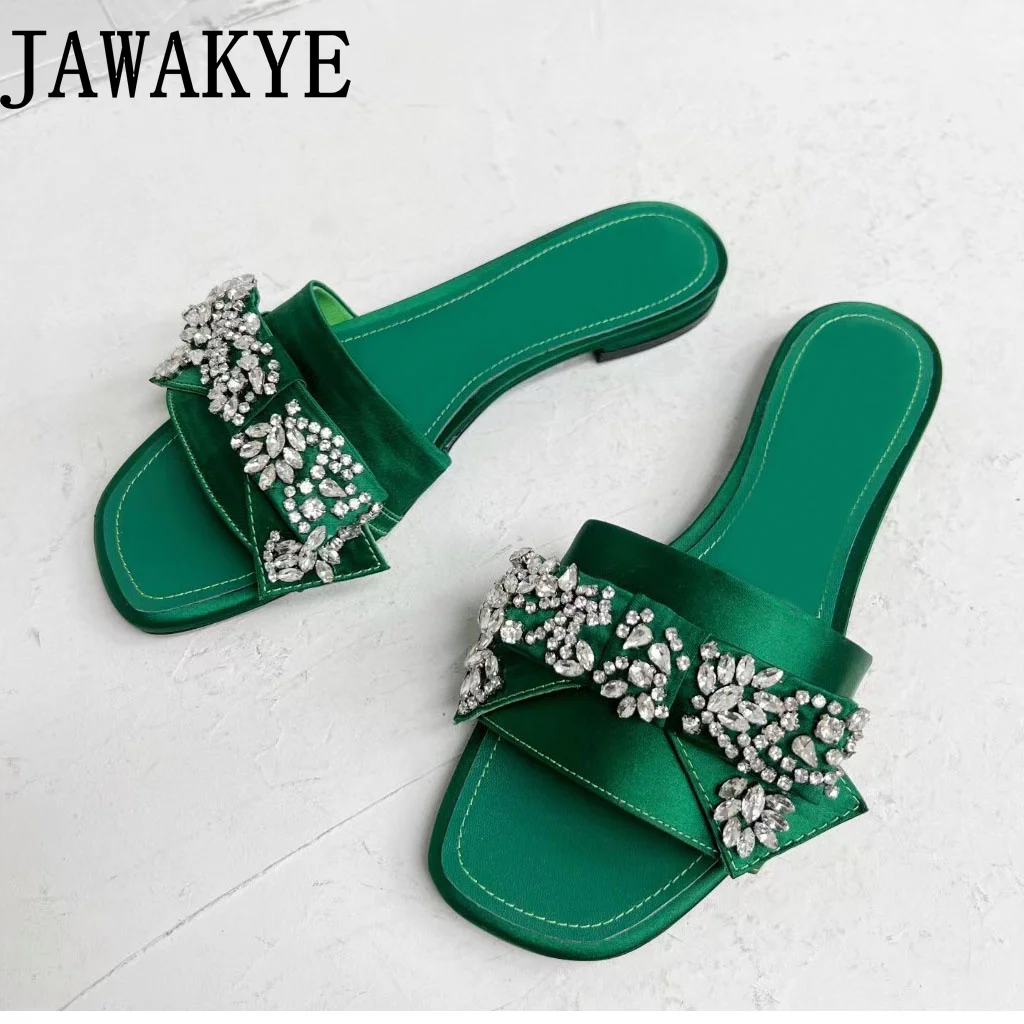 2022 Summer Silk Women\'s Flat Slippers Crystal Peep Toe Ladies Party Mules Out Walking Shoes For Woman Dress Flats Slides mujer