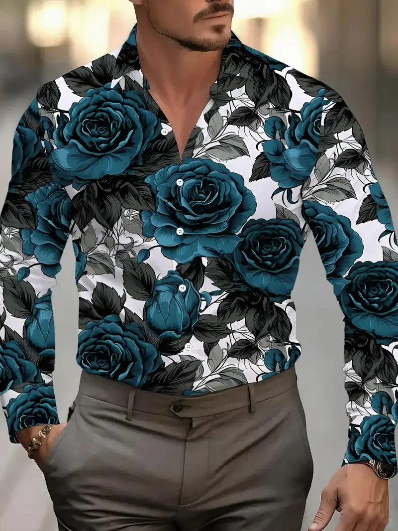 

Men's Long Sleeve Shirt 3D Flower Printed Red Casual Flip-over Simple Button Elegant Fashion Popular Street Shirt