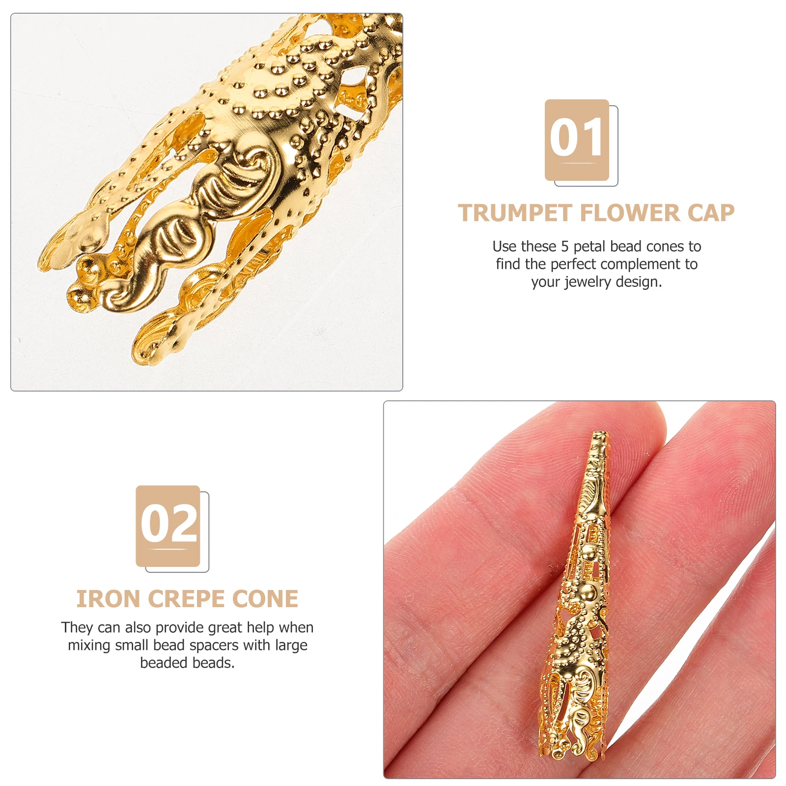 

Long Flower Hat Bead Caps 5-Petal Iron Cones Filigree Hollow Ball Jewelry Making Accessories Long Trumpet Shape HOLDER