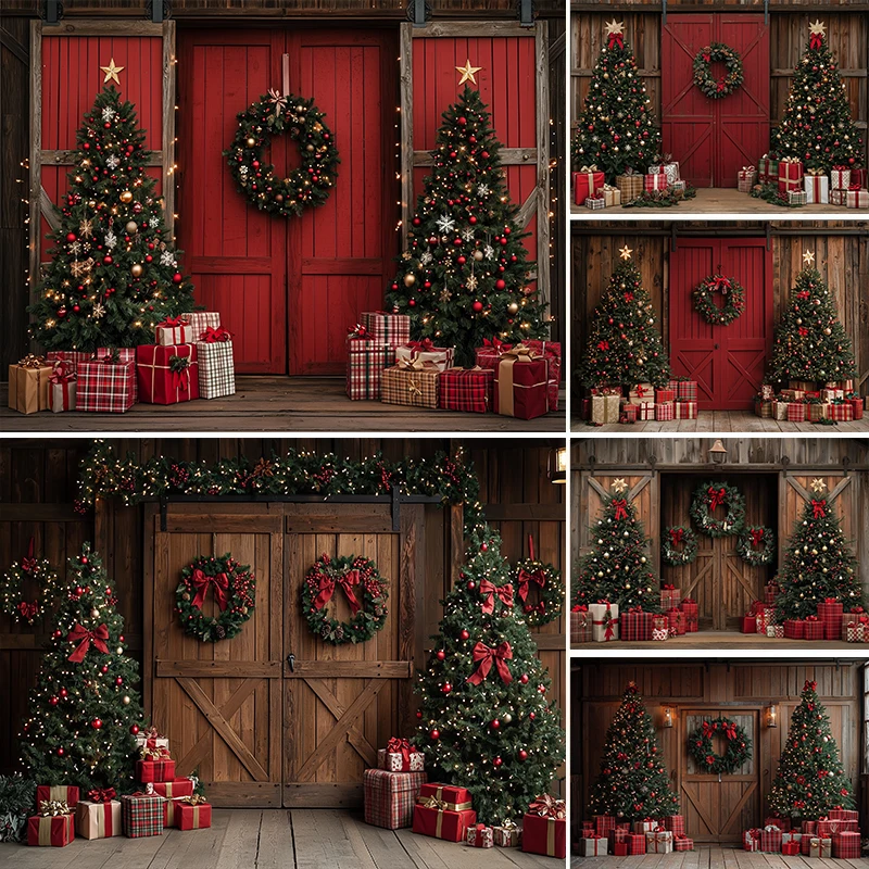 

LS Photography Background Christmas Tree Wreath Wooden Door Decor Backdrop Baby Kids Xmas Holiday Party Prom Studio