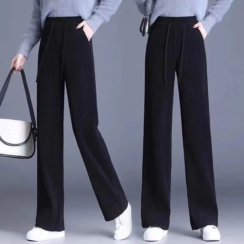 Corduroy Wide-leg Pants Women Spring Autumn High-Waist Drape Female Trousers Straight Loose Pants Temperament W75
