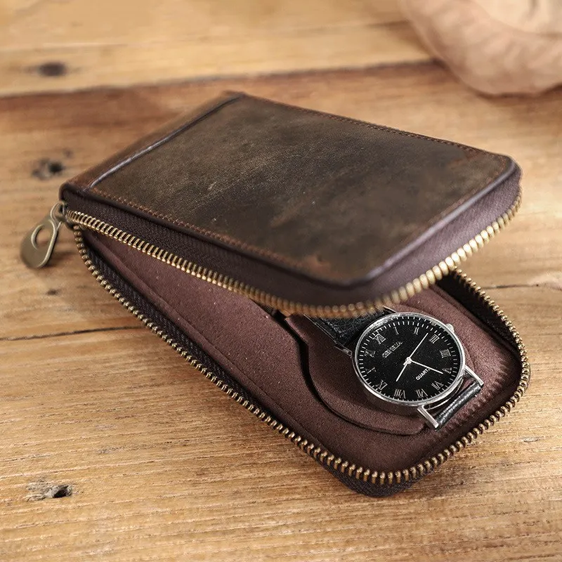 Genuine Leather 2-Slot Watch Box Luxury Pouch with Zipper Portable Organizer Bag Holds 2 Watches Brown Case